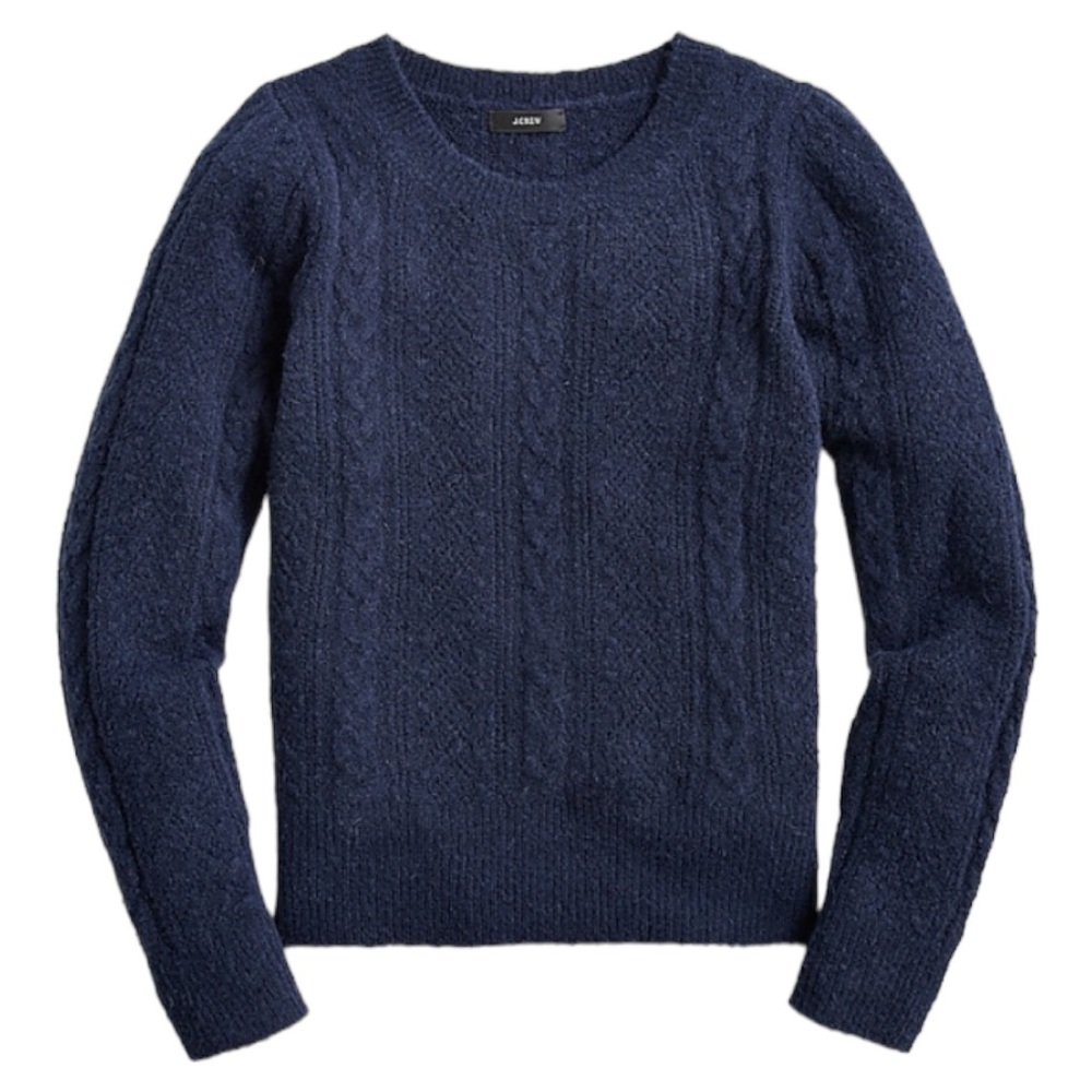 J Crew Navy Cable Sweater w/Puff Sleeves Small EUC